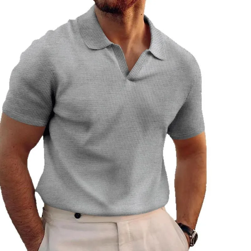 New Men's Summer Lapel T-Shirt Men's Heavy Waffle Oversize Solid Color Casual Short Sleeves Camisa Hawaiana Mens Shirt Blouse