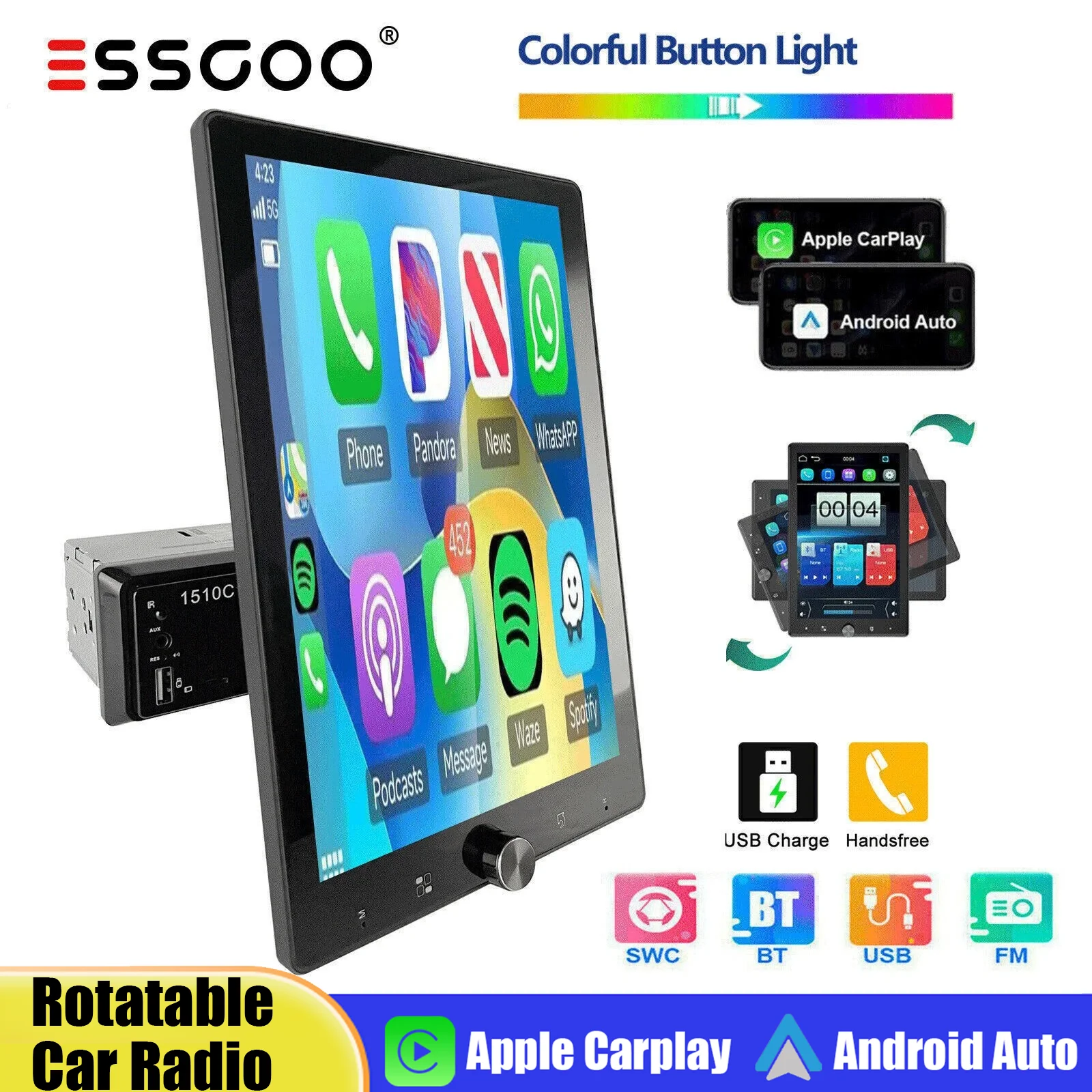 ESSGOO Autoradio Universel Rotatif 1 DIN 10,4 Pouces Écran Tactile IPS CarPlay Sans Fil Android Auto Bluetooth AUX USB TF Mirror Link Unité Centrale