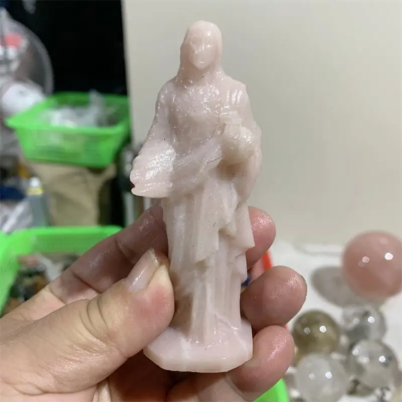 

Natural Pink Opal Jesus Carving Statues Healing Fengshui Ornaments Gift Reiki Home Room Decoration 1PCS