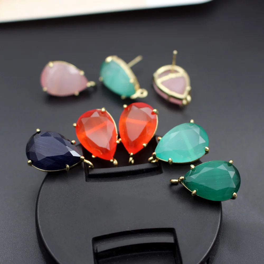 6pair Red Green Blue Cats Eye Stone Teardrop Stud Earrings Linker Connectors DIY for Women Office Lady Earrings Accessories