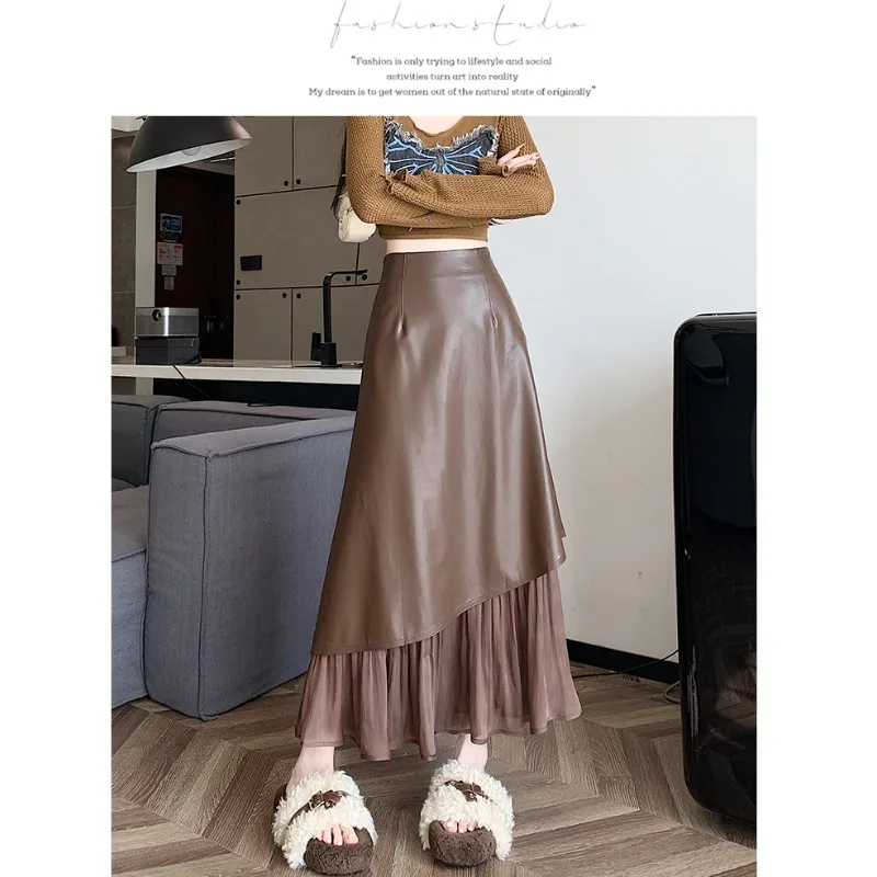 

Stitched Skirt for Women Autumn and Winter 2024 New High-waisted Mid-length Leather A-line Casual Lady Pleated Skirt