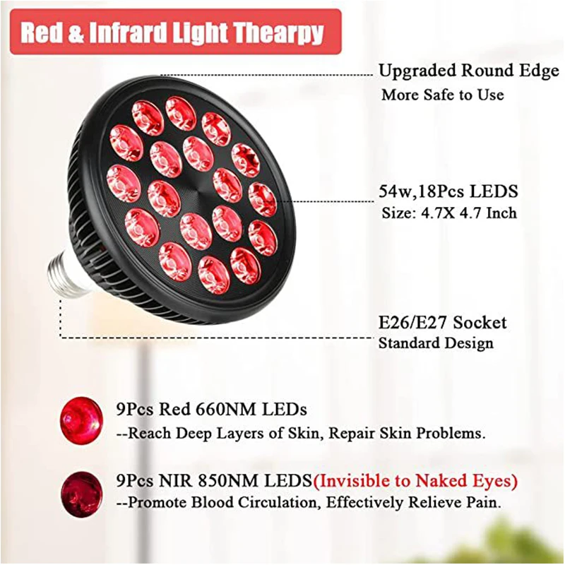 Relieve Pain PAR38 54W LED 660/850nm Infrared Beauty Treatment Light Upgraded version Dual Chip Red Infrared Baking Light