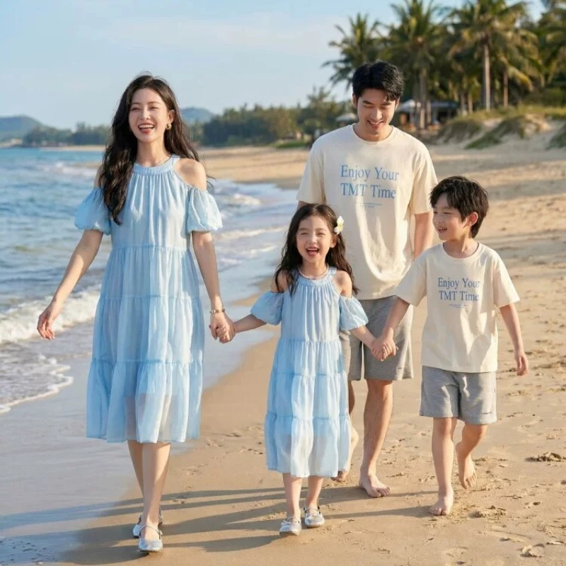 2026 New Blue Off Shoulder Family Matching Dress Mom Daughter Elegant Fairy Vacation Outfit Family Look Beach Photo Wear