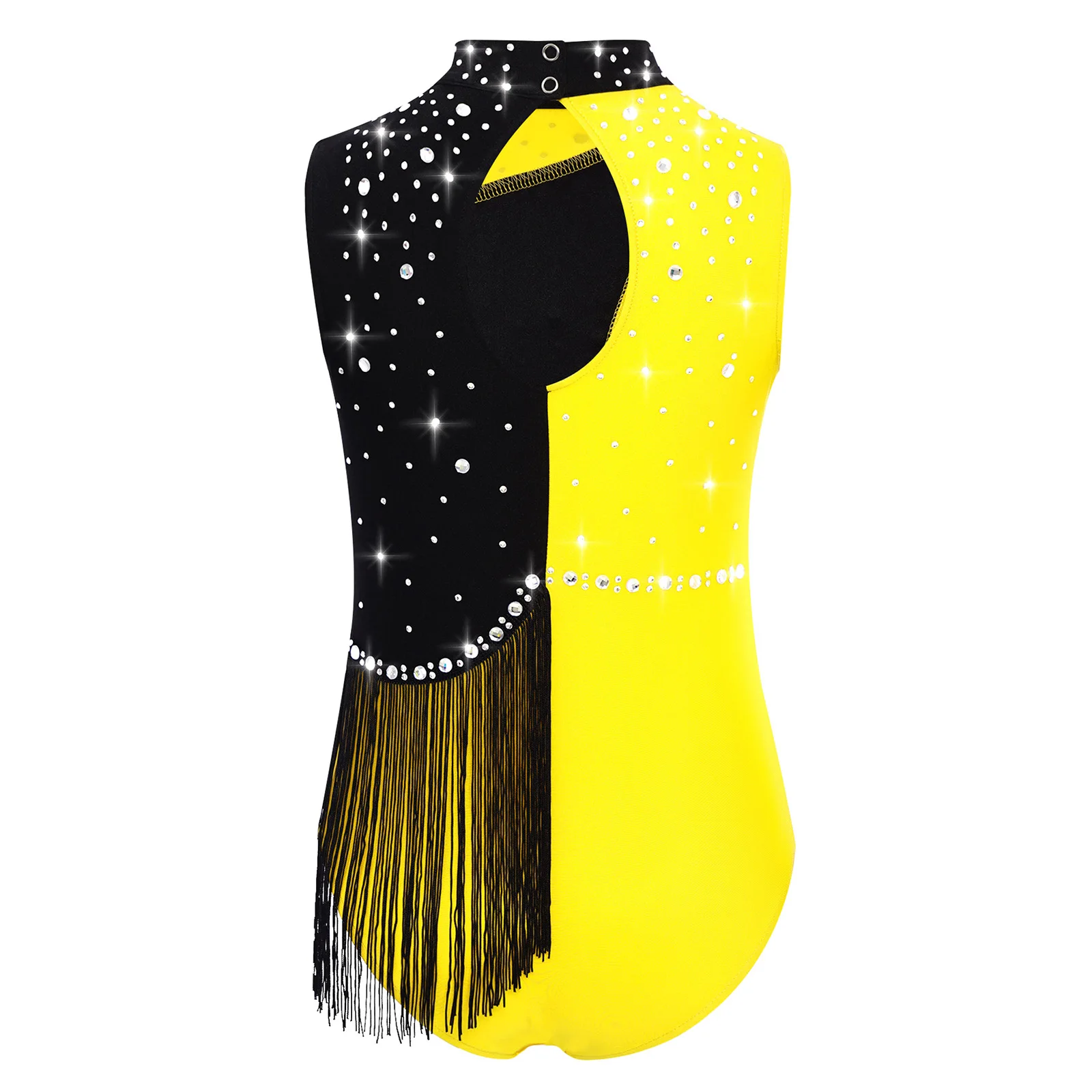 Kids Girls Gymnastics Leotard Mock Neck Sleeveless Shiny Rhinestones Tassels Ballet Dance Bodysuit for Dance Figure Skating Show