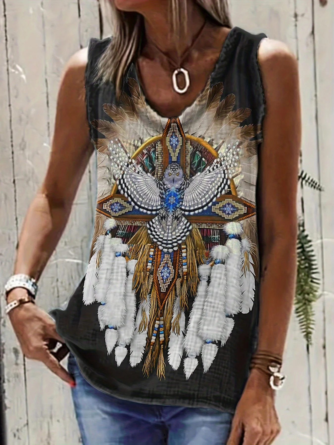 

Ladies' vests Western ethnic printed casual sleeveless T-shirt women's retro loose vest