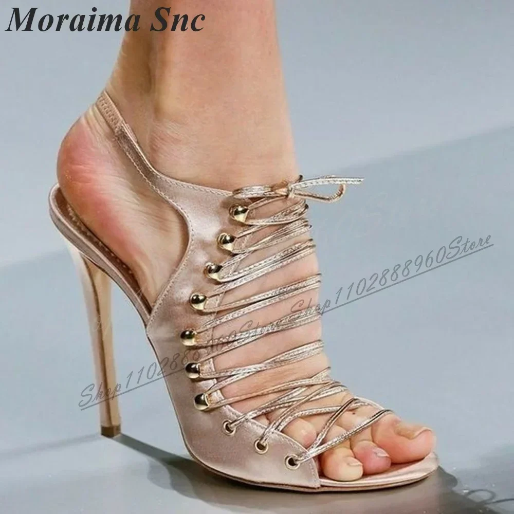Luxury Orange Cloth Catwalk Pumps Thin High Heel Shoes For Women Cross Tied Peep Toe 2024 Fashionable Zapatos Para Mujere view 2