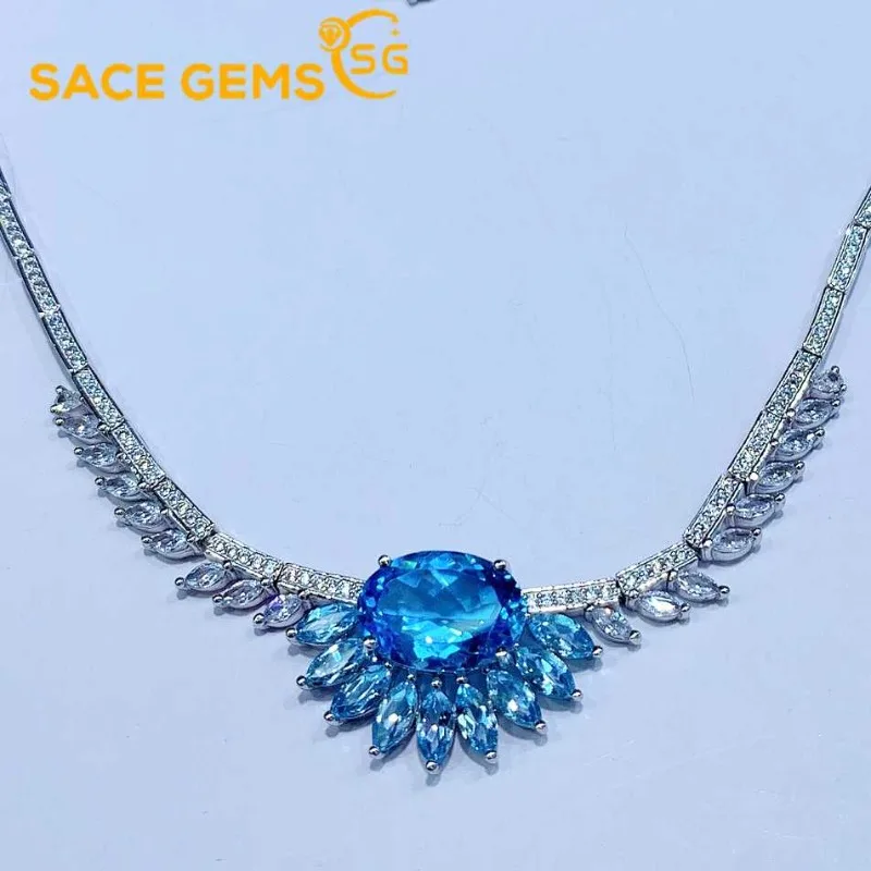 

SACE GEMS S925 Sterling Silver 10*14MM Natual Sky Blue Topaz Pendant Necklaces for Womne Engagement Cocktail Party Fine Jewelry