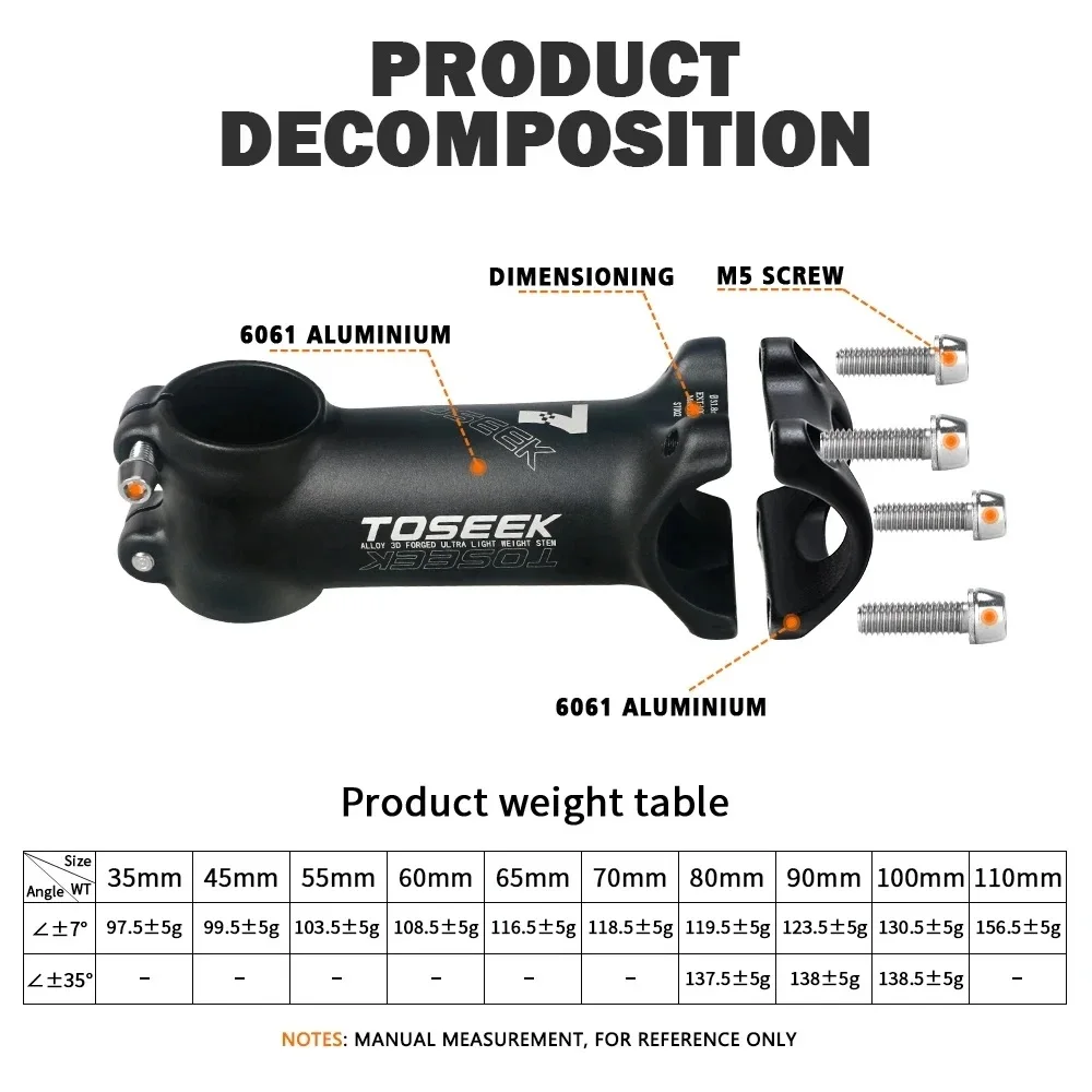 TOSEEK MTB Bicycle Handlebar Stem 7 10 17 25 35 Degree Aluminum Mtb Stem 35-110mm Mtb Power 31.8mm Mtb Bike Table Bicycle Parts