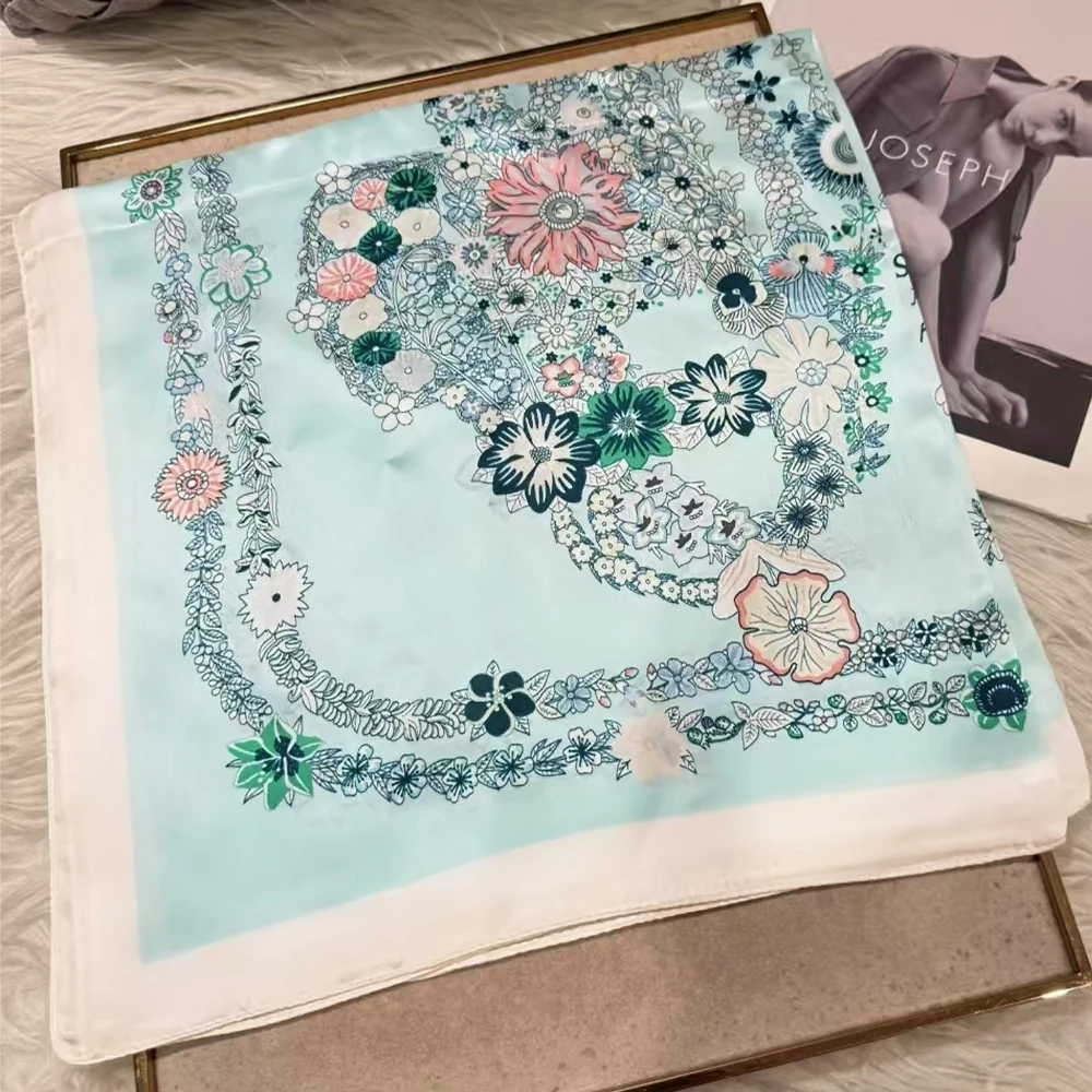 

Water Blue Women's 100% Mulberry Silk Scarf Neckerchief Spring Fall China Style Peony Design Satin Square Silk Scarves 65*65cm