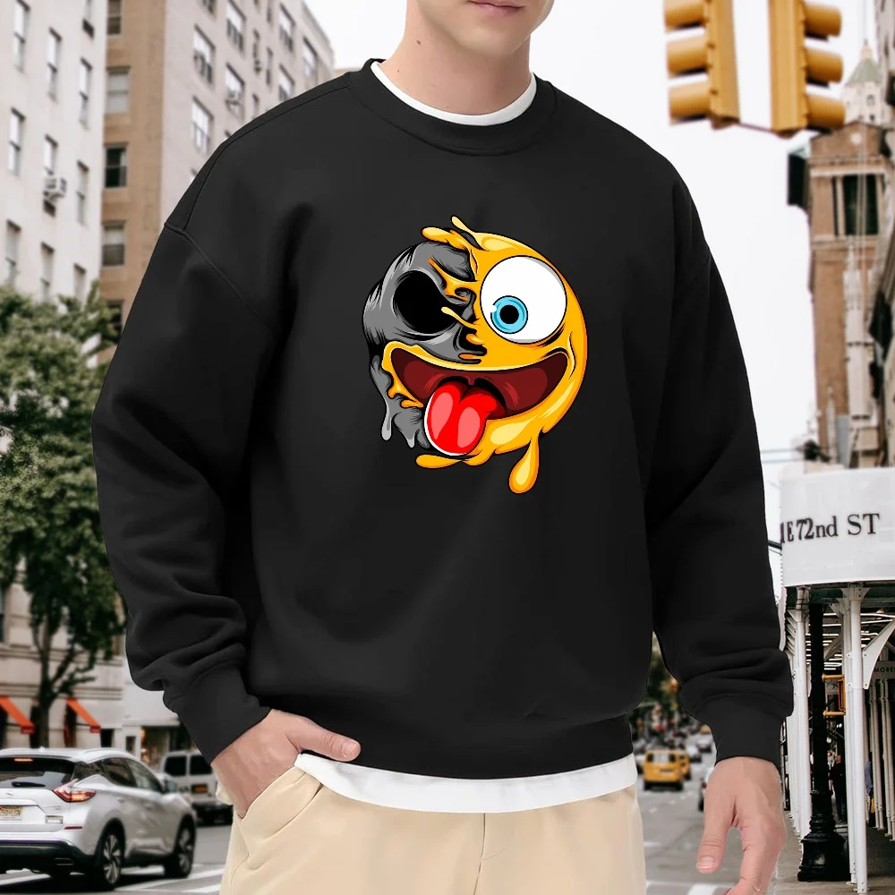 

Men's Black Crew Neck Sweatshirt with Quirky Expression Print, Loose Fit Top, Street Fashion Style, Everyday Casual Versatile Style, Soft, Comfortable, and Breathable