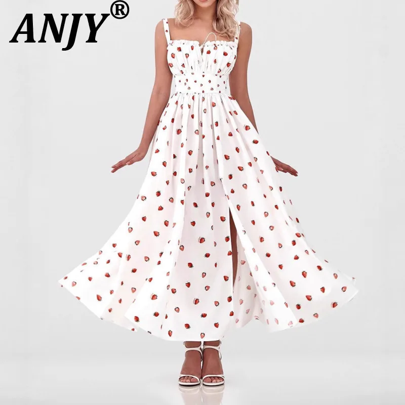

ANJY 2026 Весна-Лето Новое женское платье в европейском стиле с цветочным принтом, на бретельках, модное, с низким вырезом, на завязках, с разрезом, с завышенной талией, с принтом A19431