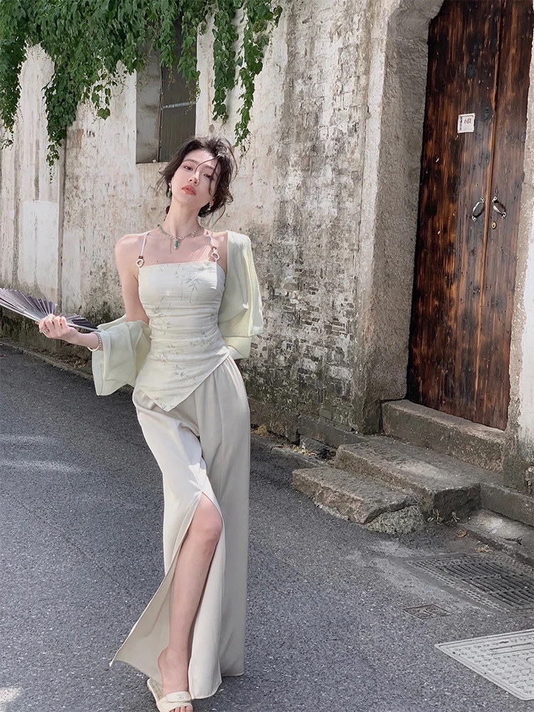 

New Chinese Style Long Sleeve Open Cardigan Women's Outerwear Summer Side Slit Pants Three Piece Set Neck Hanging Strap Vest