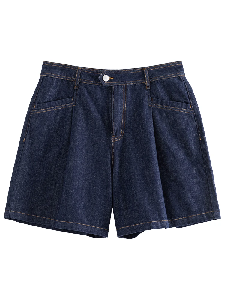 DUSHU Dark Denim Blue Women High Waist Loose Shorts Retro Pleated Design Summer New Female Casual Denim Shorts 24DS82346