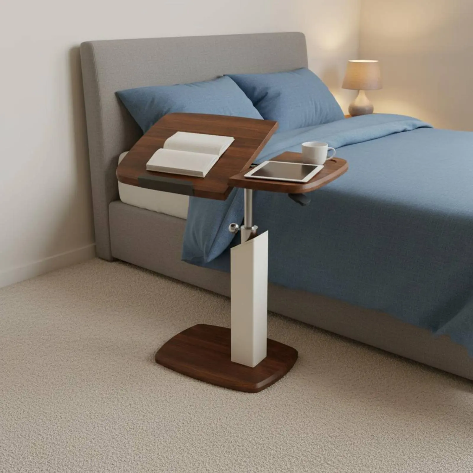 Escritorio giratorio para computadora portátil junto a la cama °   Mesa Auxiliar Giratoria para Sofá con Altura Ajustable, Mesa en Forma de C con Ajuste Hidráulico a Gas