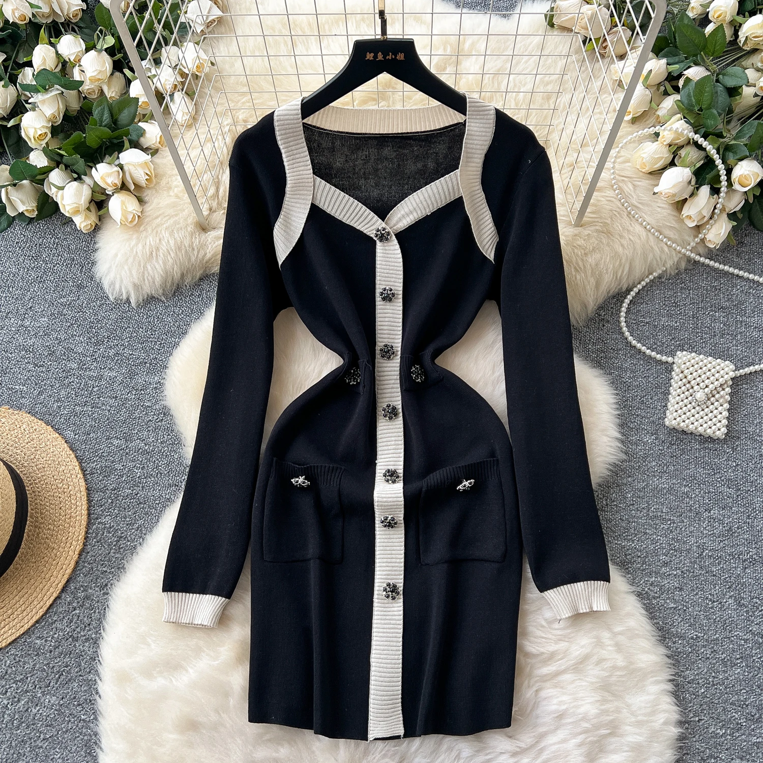 Elegant Long Sleeve Vintage Square Collar Chic Patchwork Metal Buckle Slim Knit Dress French Evening High Street Winter Clothing