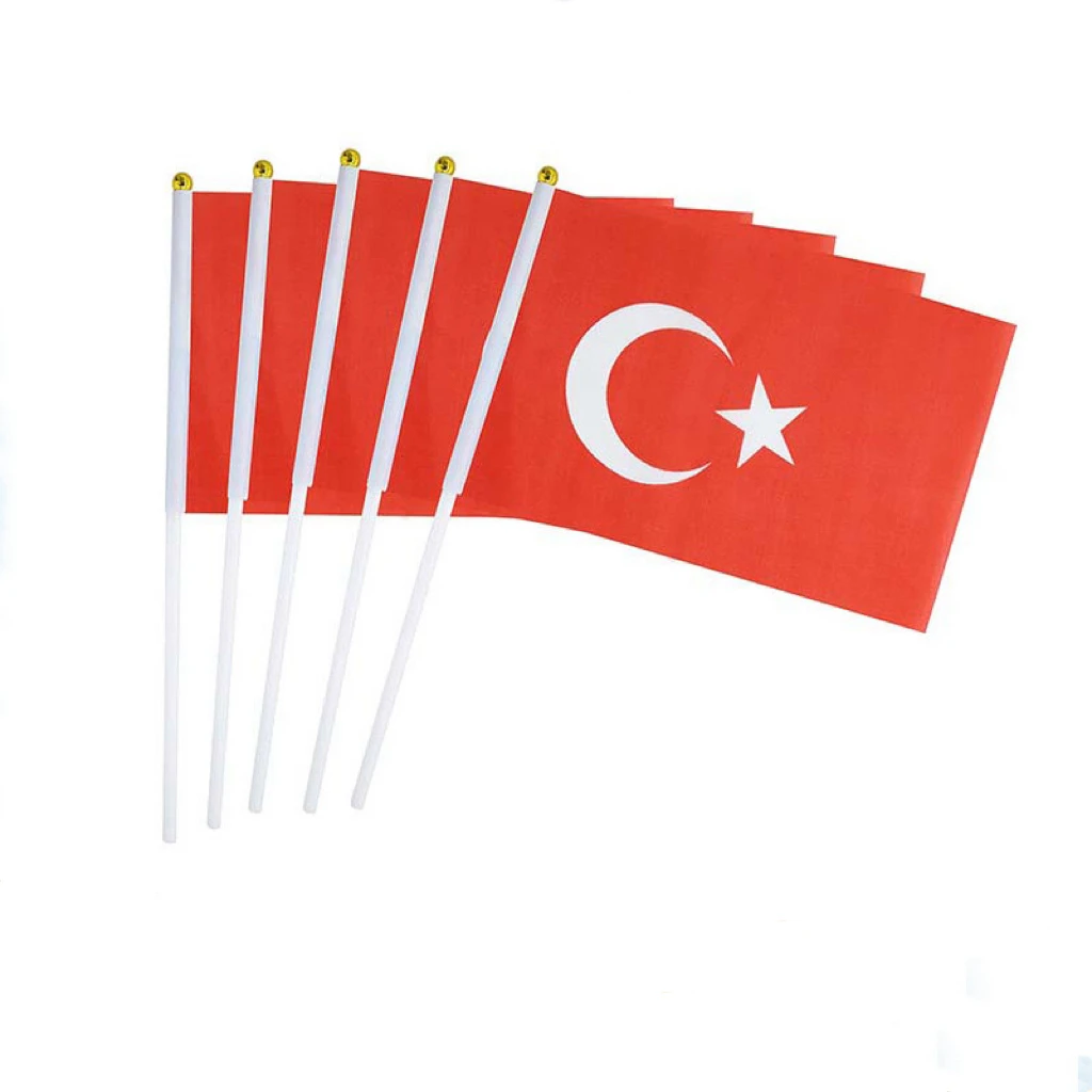 Turkey flag 14*21cm 100pcs Turkish Hand flag Polyester small hand waving flag 30cm plastic flag pole decorative flag