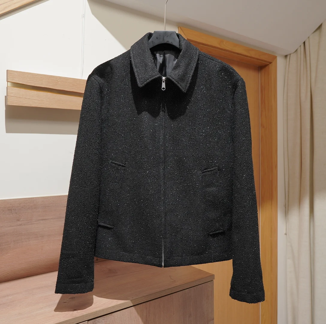 

Европейская и американская модная мужская куртка с лацканами в стиле ретро с блестящим нитью, тканая короткая куртка, черное пальто из смеси шерсти