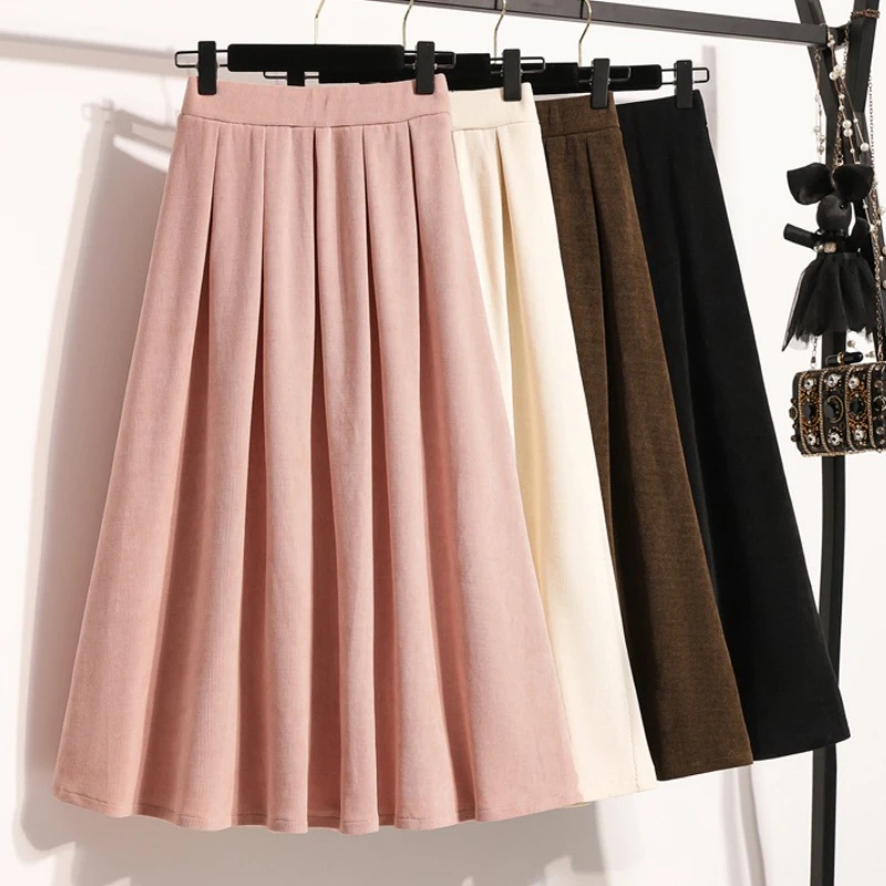 

2025 Plus Size Pleated Skirts Solid Versatile Medium Length Skirt A-Line Maxi Gown Cover Autumn Winter New Half-length Skirt