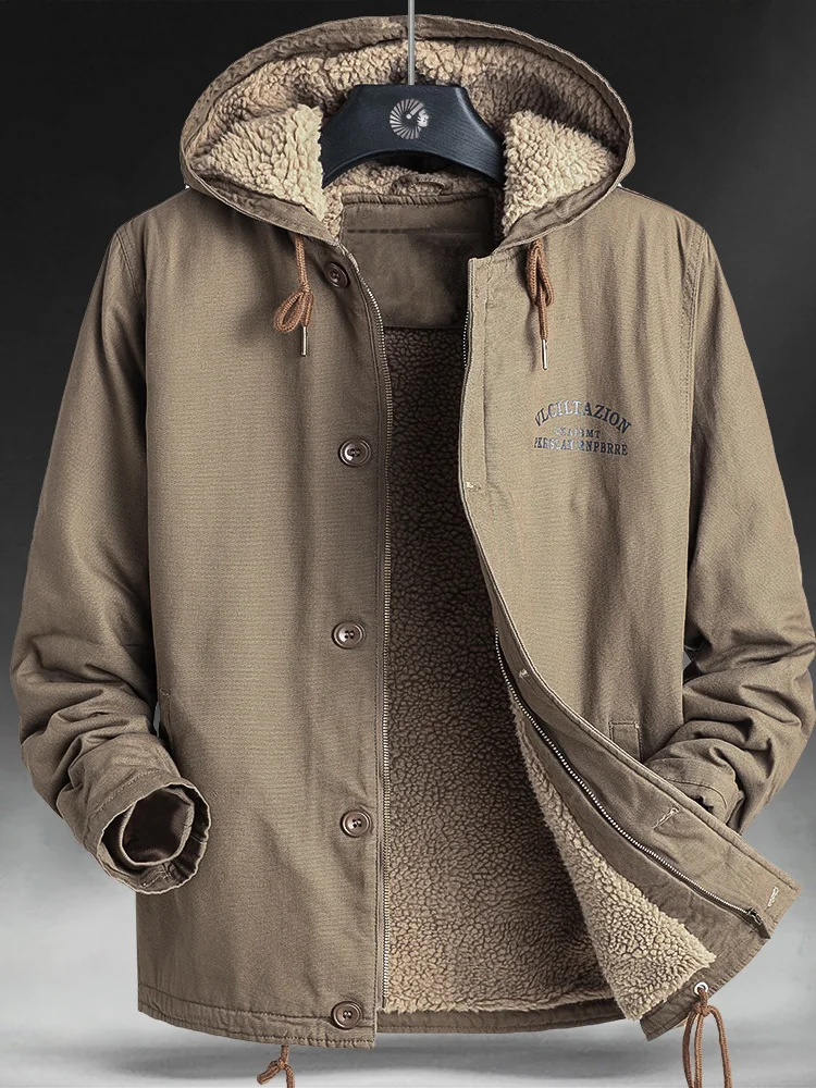 

Lamb Velvet Jaet Men's Winter Cotton Clothes Fce Lined Hooded Casual Jaet Loose Large Size Dad Sle Trendy Cotton Coat