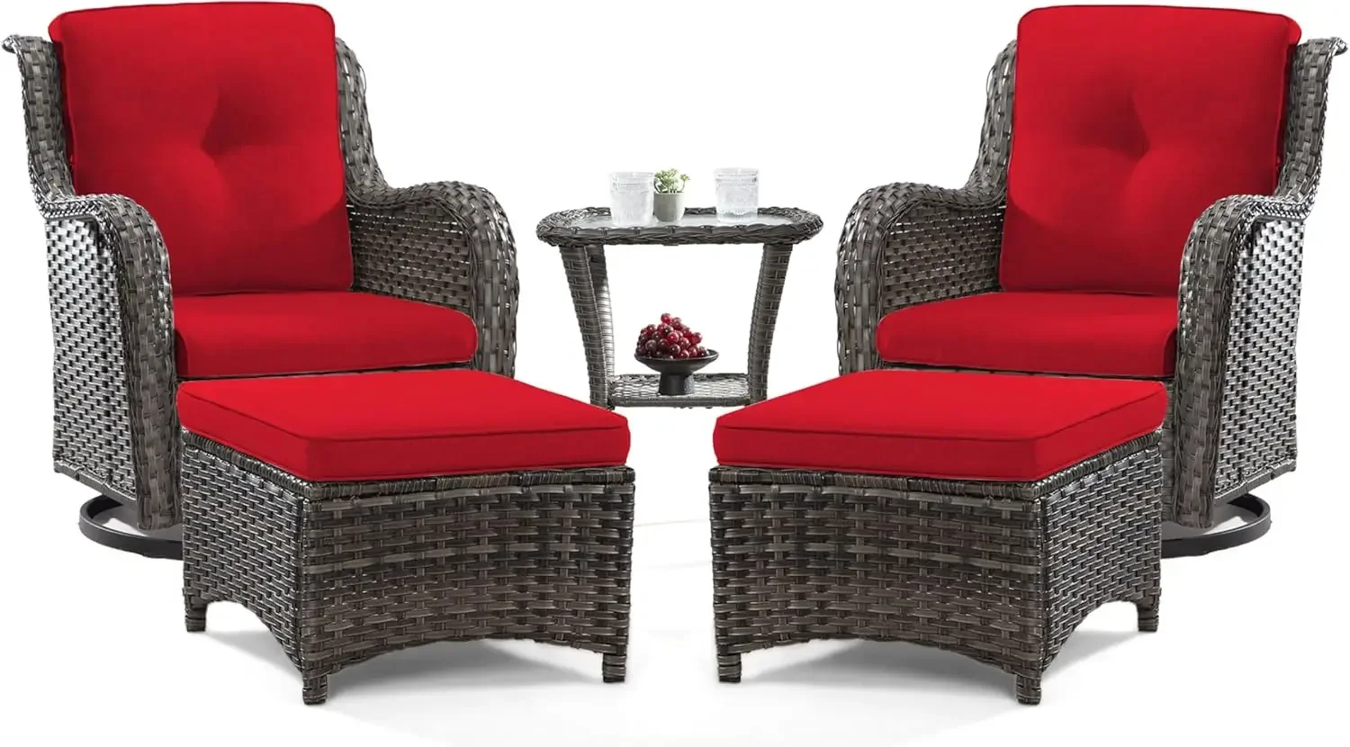 

5 Piece Outdoor Patio Furniture Set Wicker Conversation Bistro Set Swivel Rocking Chairs with Side Table & Ottomans for Backyard