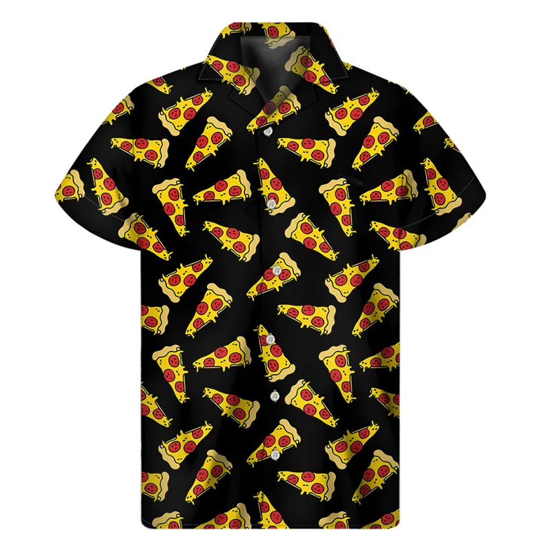 

Cartoon Pizza 3D Print Hawaiian Shirts For Men Summer Food Pattern Lapel Button Shirt Street Loose Short Sleeves Blouse Tops