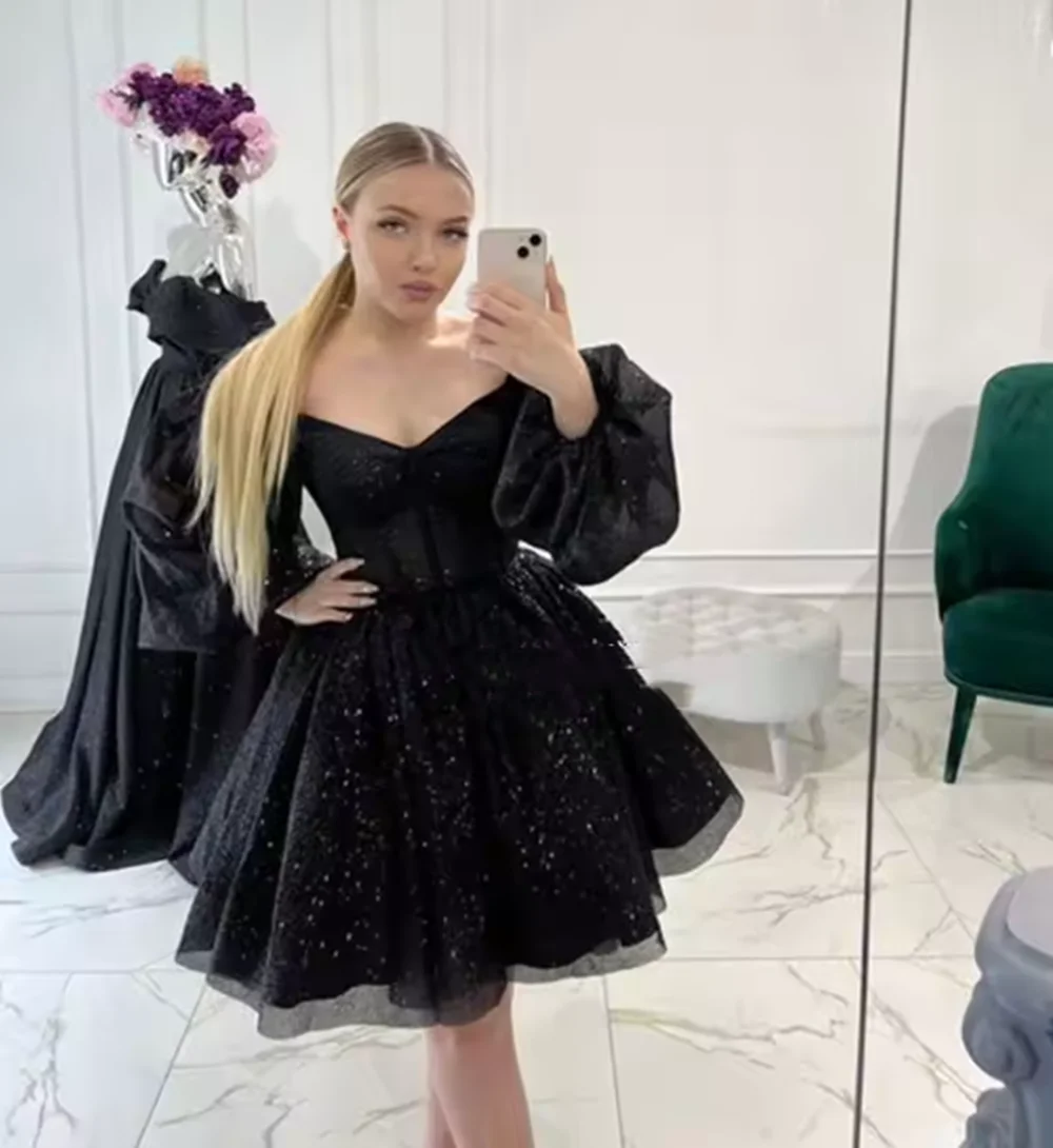 ブラックショートイブニングドレス 2022 フォーマルチュールプロムパーティードレス ストラップレス パフスリーブ Aライン ビーチプリンセスドレス