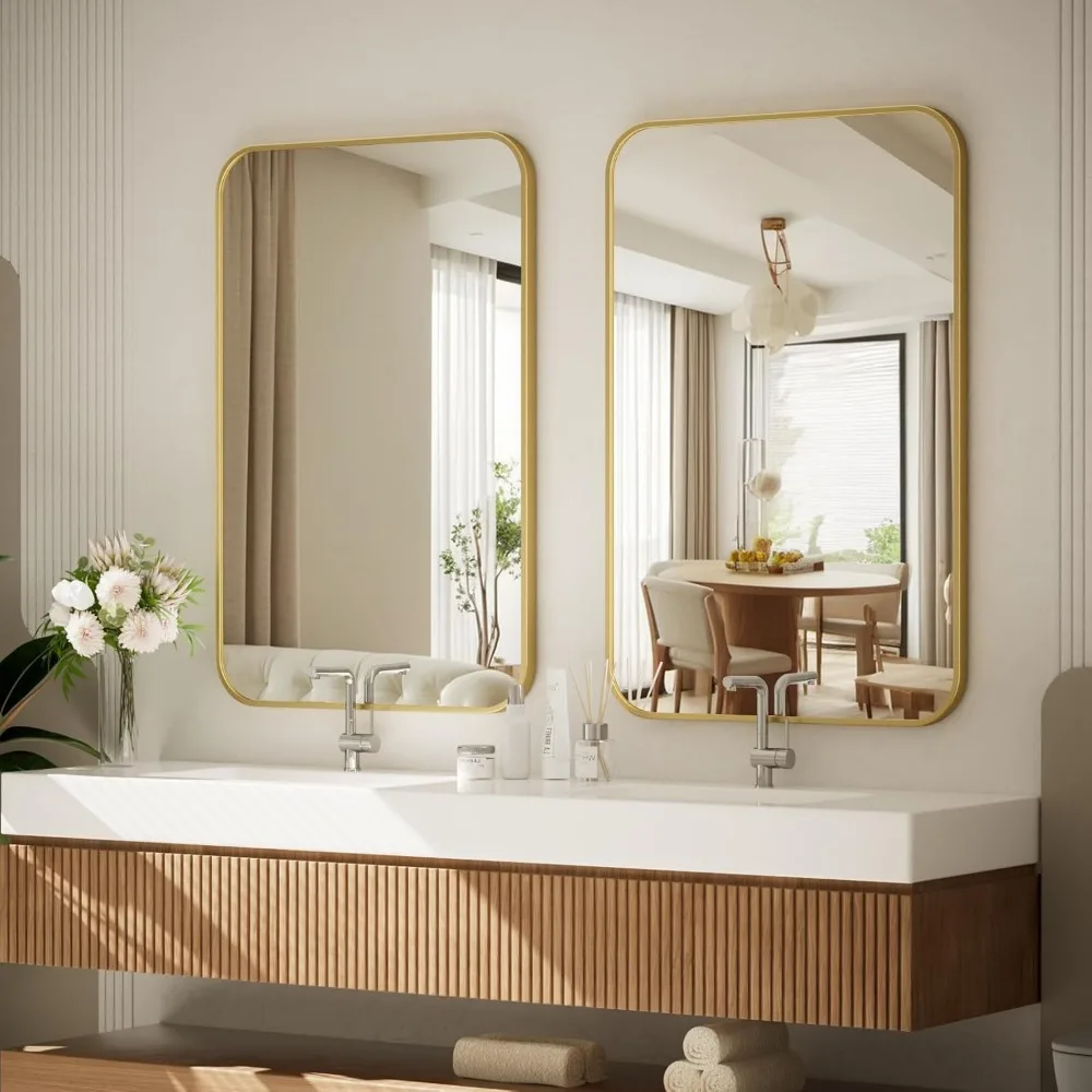24x36 인치 골드 직사각형 알루미늄 프레임 벽거울, 둥근 모서리, 파손 방지 디자인