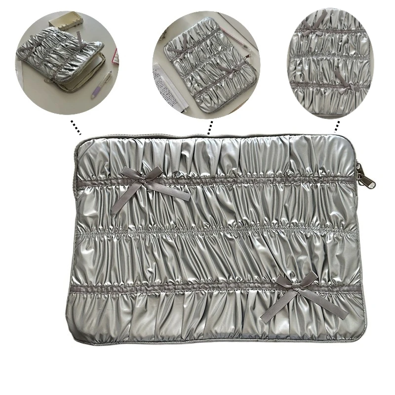 

Silver Pleated Laptop Sleeve Shiny Zippered Protective Pouch for Electronic Devices Stylish Accessory for Work & Study