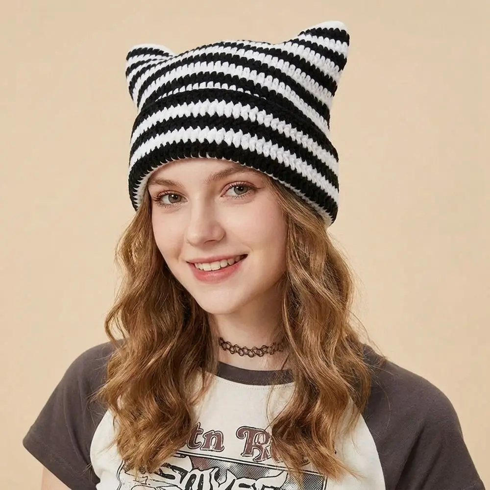 Fashion Y2K Cat Ears Beanie Hats Cute Warm Little Devil Cap Ear Protection Wool Stripe Knitted Hat Outdoor