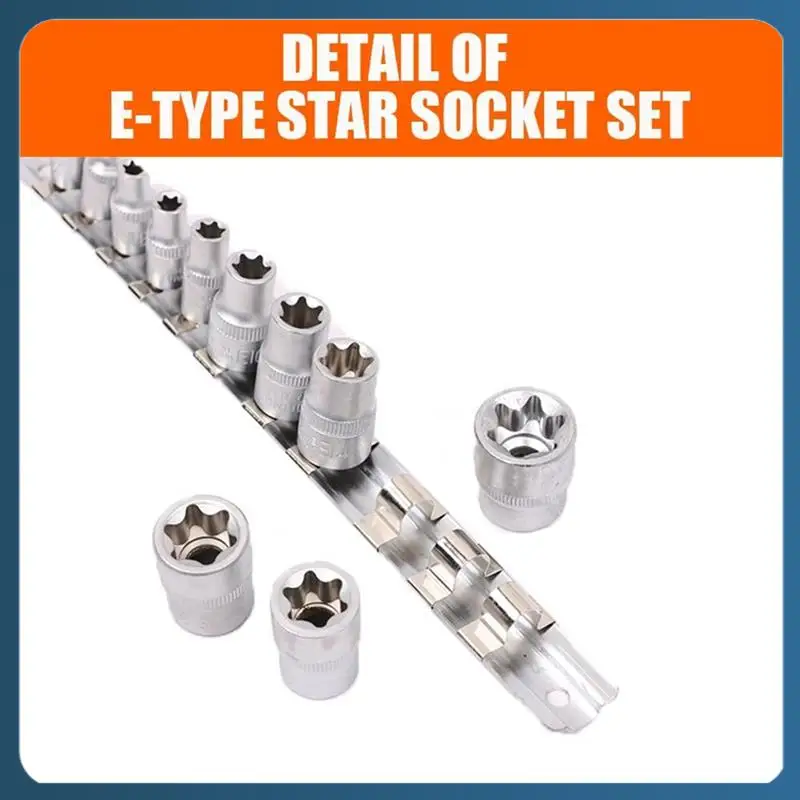 Female E-TORX Star Socket Set With Rail 11 Pcs Female External Star Socket Set E4 - E20 Torque Socket Set Alloy Steel Silver