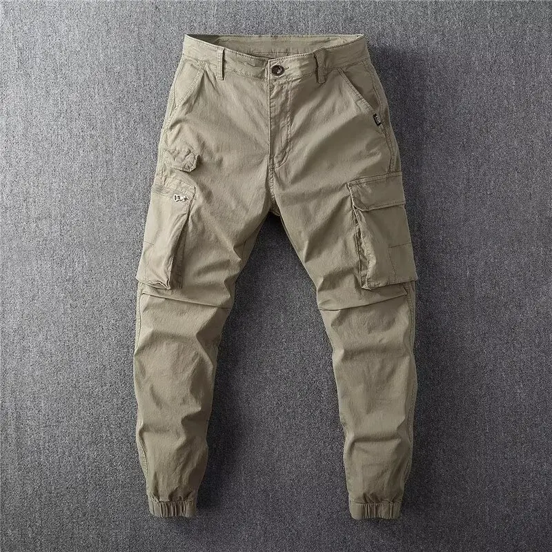 Men's Cargo Pants Loose Fit Straight Leg Trousers Elastic Waist Multiple Pockets Japanese Streetwear Casual Workwear Pants