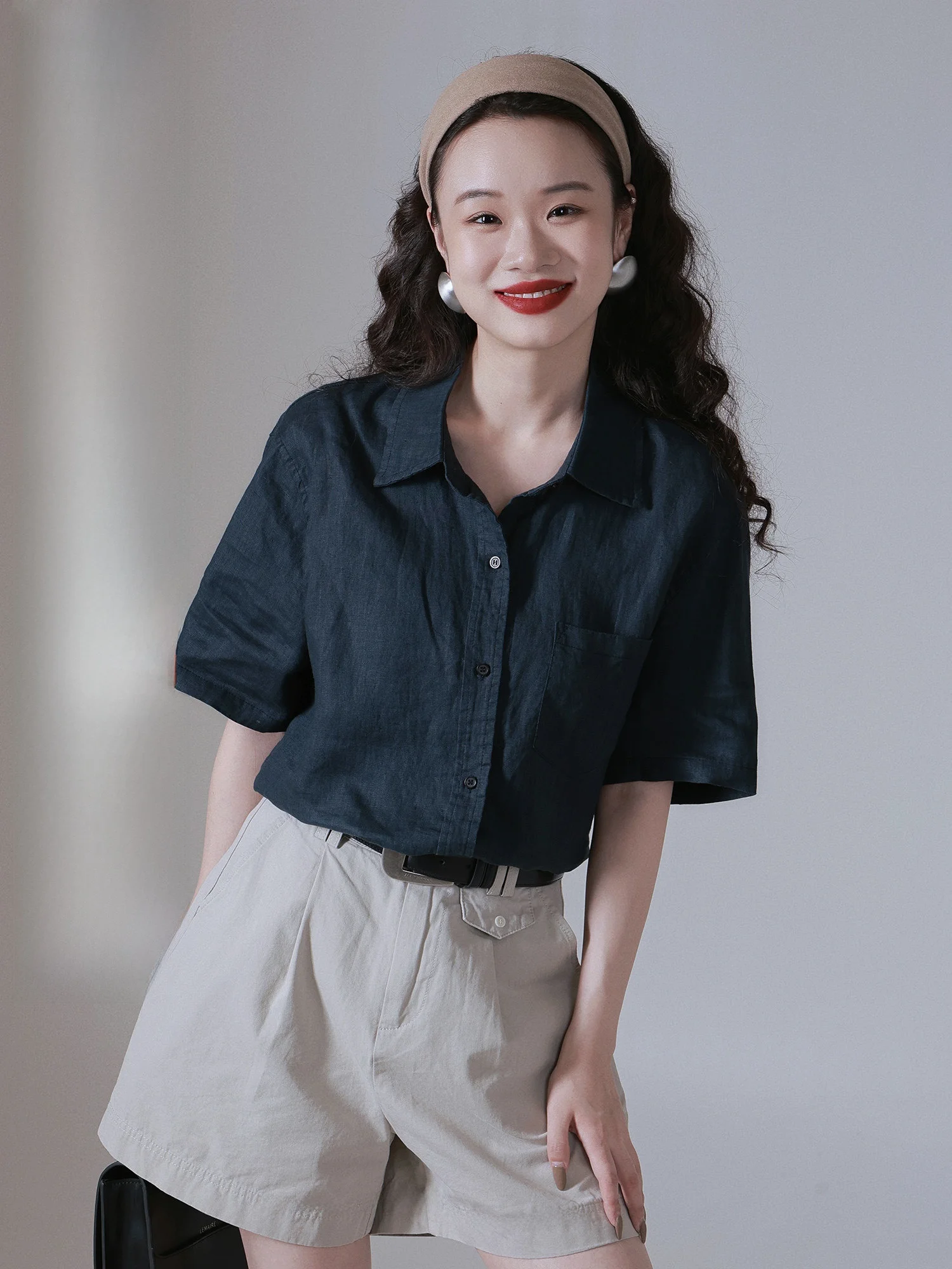 

Женская летняя блузка IVY YANG из 100% льна: комфортная, дышащая, с воротником, коротким рукавом, свободного кроя, повседневная