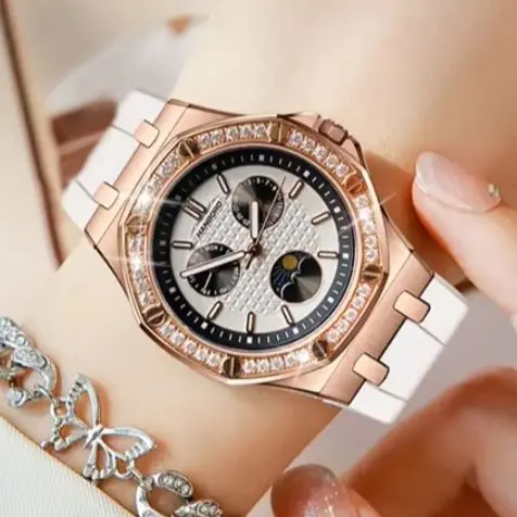 Hanbro Women Quartz Watch 37mm Ladies Wristwatch Luminous 50m Waterproof Sapphire Mirror Silicone Strap Week Date Sun-Moon