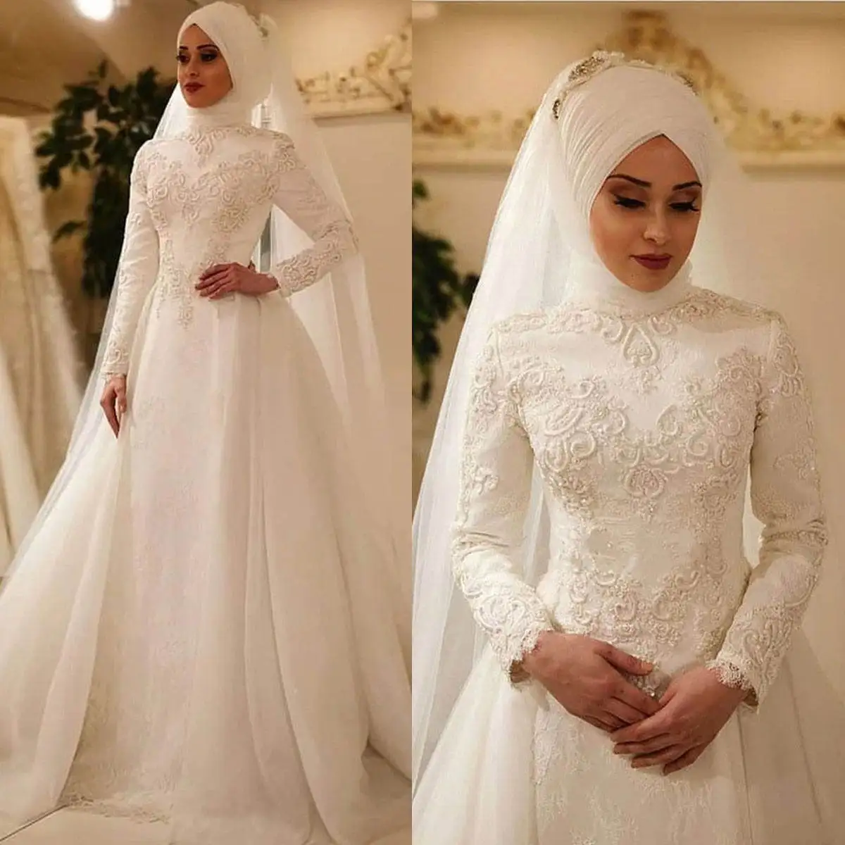 

Muslim A Line Wedding Dress With Veil Appliques Sequins High Neck Bride Gowns Elegant Long Sleeve Lace Bridal Dresses Customized