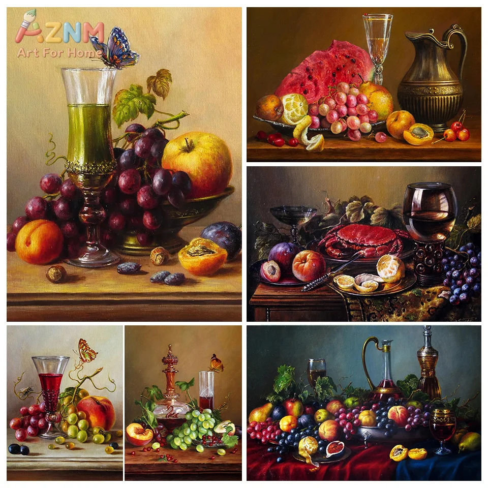 AZNM Vintage Fruit Wine Still Life Canvas Poster Frameless Wall Art Classic Oil Painting Grape Apple Seafood Butterfly Retro Pri