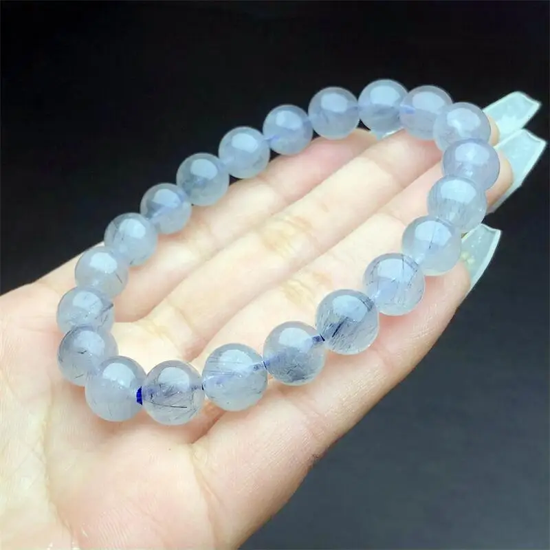 9MM Natural Gray Blue Rabbit Hair Quartz Bracelet Women Fashion Reiki Healing Energy Gemstone Holiday Gift 1pcs