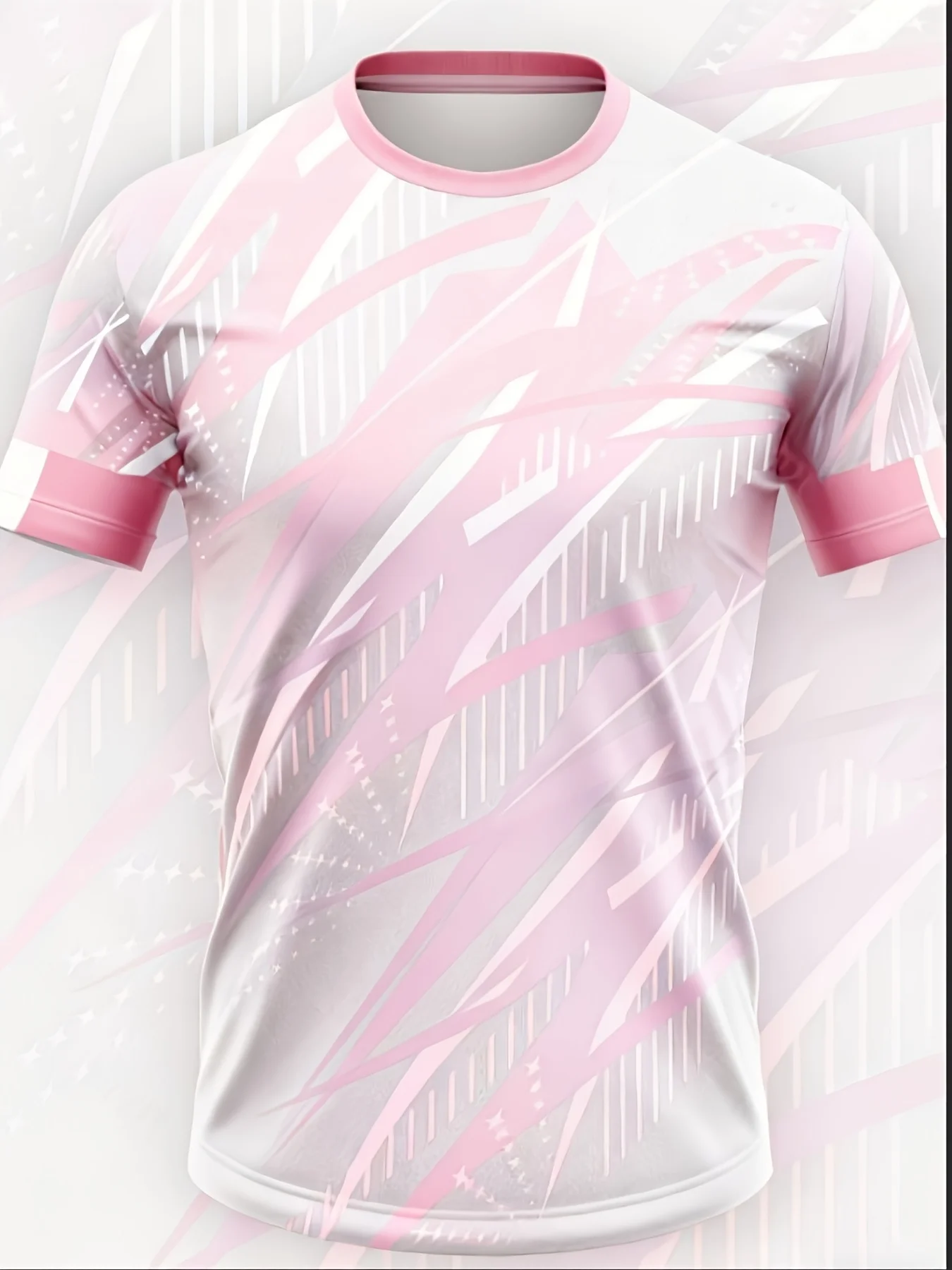 Pink White Abstract Stripe Sport Tee Pink Cuff Crew Neck Quick Dry Training Top