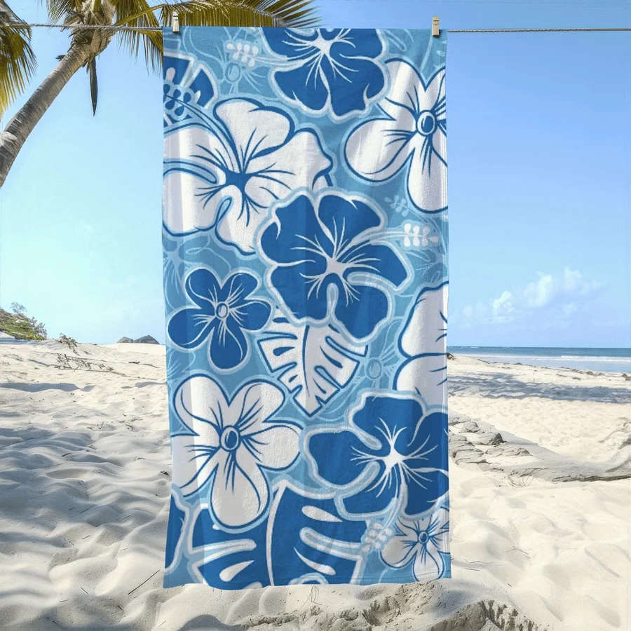 1pc Tropical Floral Beach Towel- Soft, Absorbent, Quick-Dry Microfiber with Blue& White Hibiscus Design for Swimming