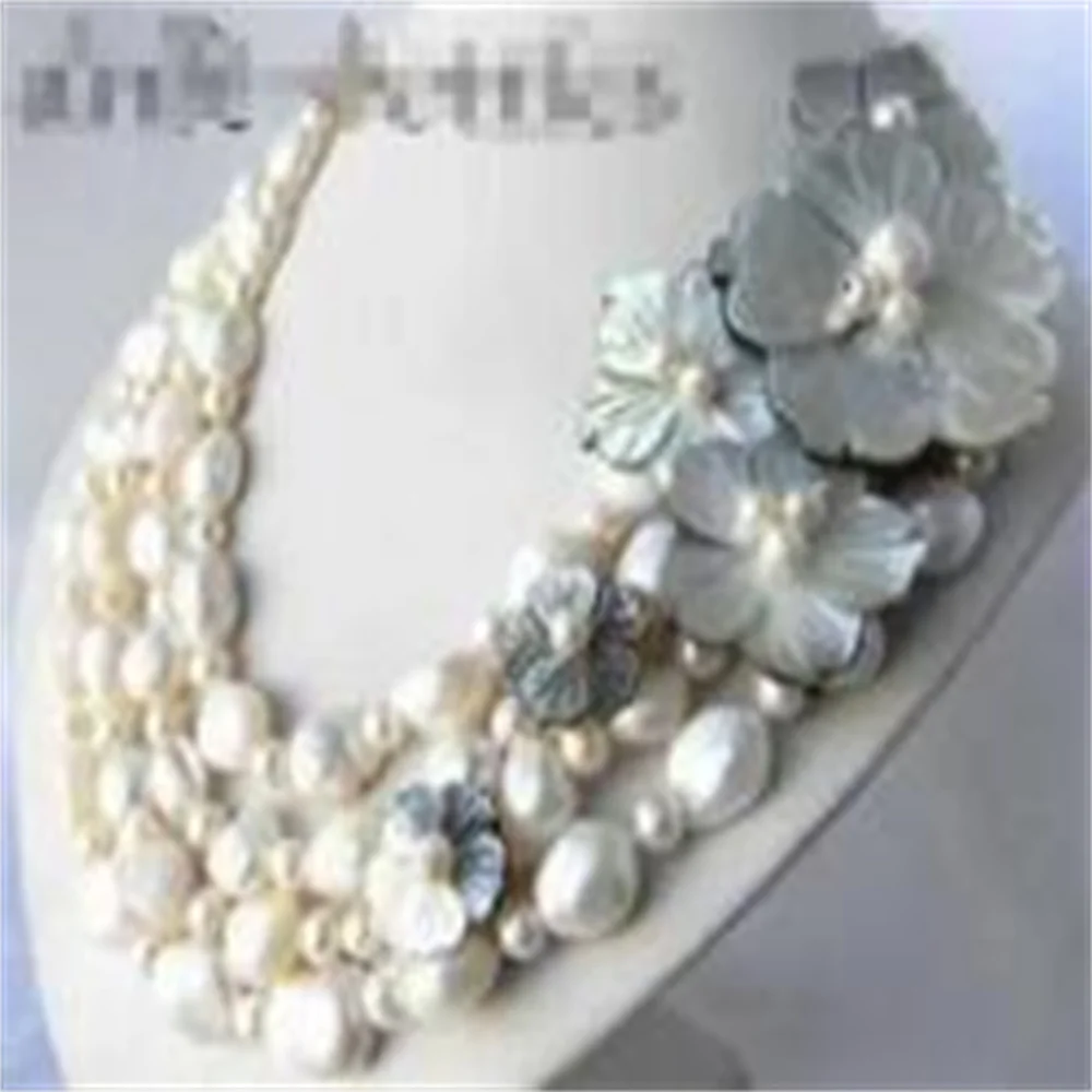 4Srands 18\'\' 12mm Black Coffee White Baroque Round Freshwater Pearl Shell Flower Necklace