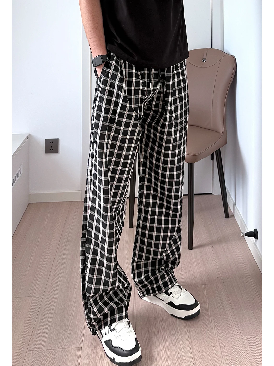 Loose Fit Plaid Men's Summer Thin Casual Pants Comfortable Wide Leg Trousers Quick Dry Straight Leg Pants Low Waist Long Trou...