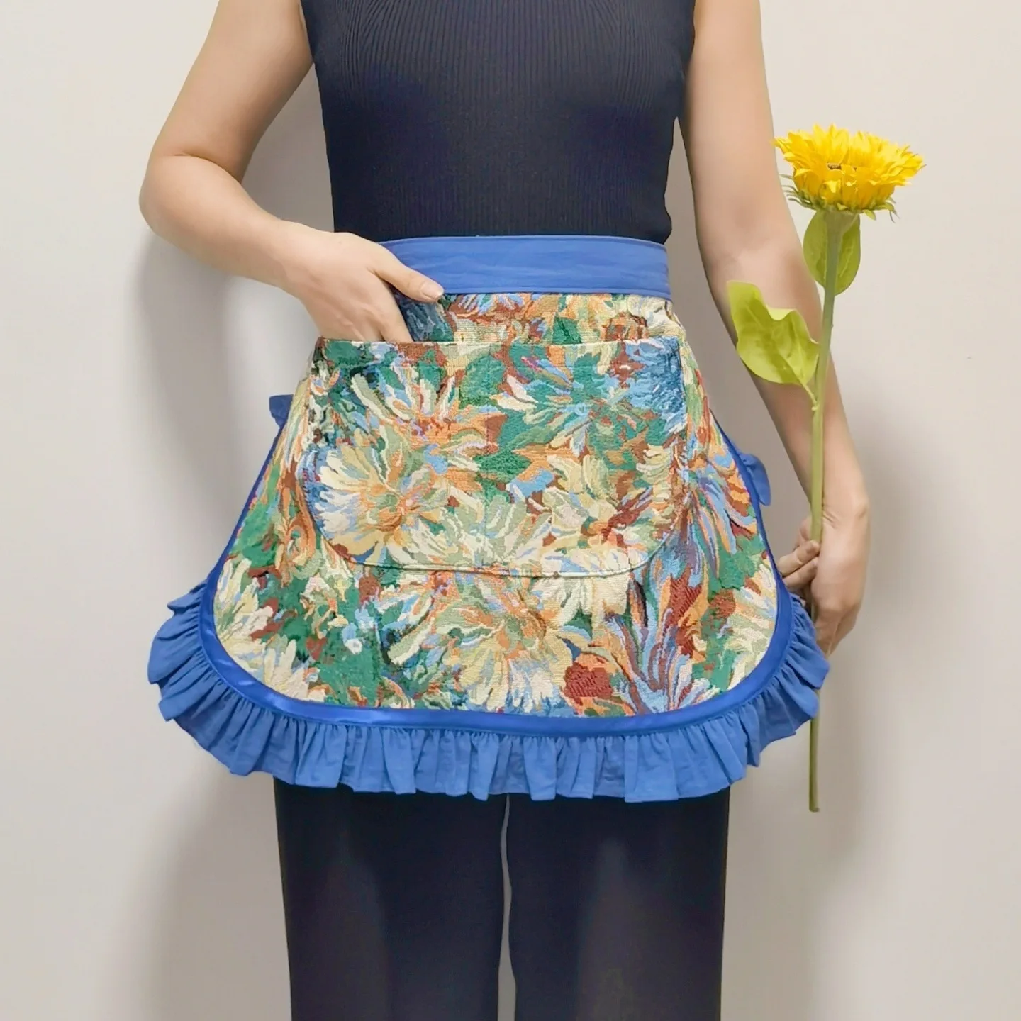 Thick Yarn Dyed Jacquard Half Apron Retro Country Style Waist Apron For Home Kitchen Use
