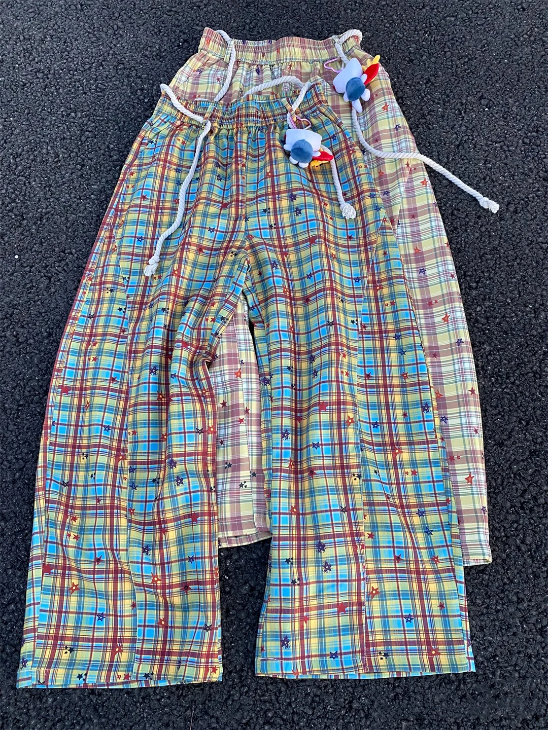 

Cleanfit Yellow Blue Plaid Straight Leg Pants Thin Star Pattern Men Women Summer Casual Trousers American Lazy Sle Knife Pants