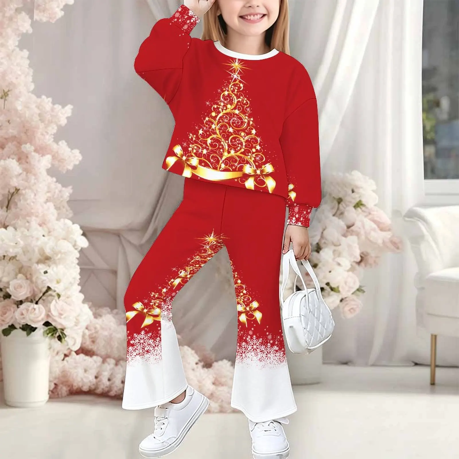 Winter Girl's Round-Neck Long Sleeve Cute Two-Piece Print Bell-bottomed Pants Casual Top Fashion Trousers Autumn Sweatshirt Set