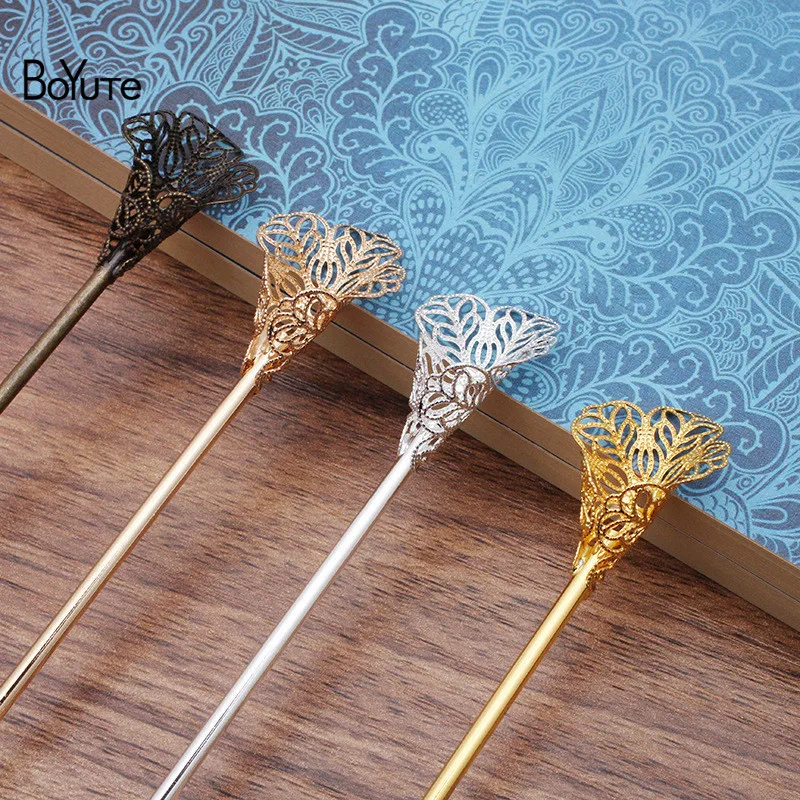 BoYuTe (20 Pieces/Lot) 120*2.5MM Iron Hair Stick Welding Filigree Flower Caps Diy Hand Made Hairpin Jewelry Materials