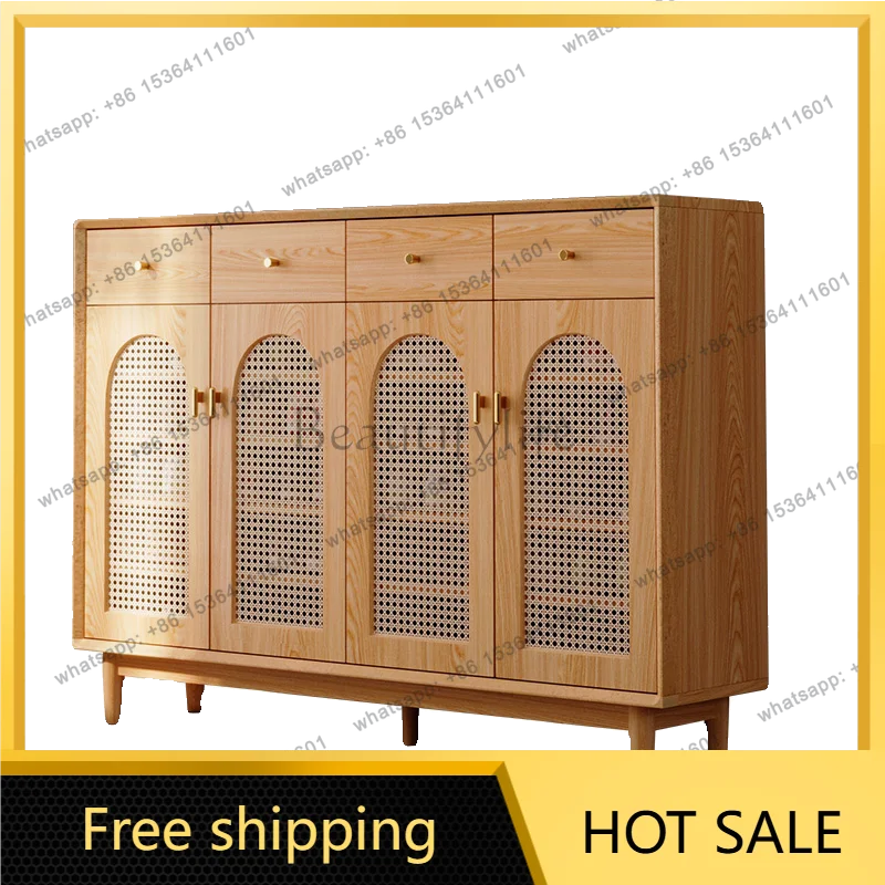YJ Natural Wood Tone Rattan Shoe Cabinet Solid Wood Frame Minimalist Entryway Home Doorway Storage Organizer Furniture`
