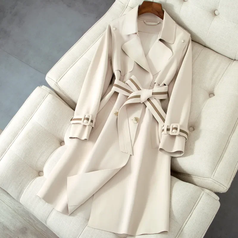 Women Midi Long Trench Coat Lapel Double Breasted Striped Belt Waist Tie Epaulet Windproof Elegant Office Windbreaker Jacket