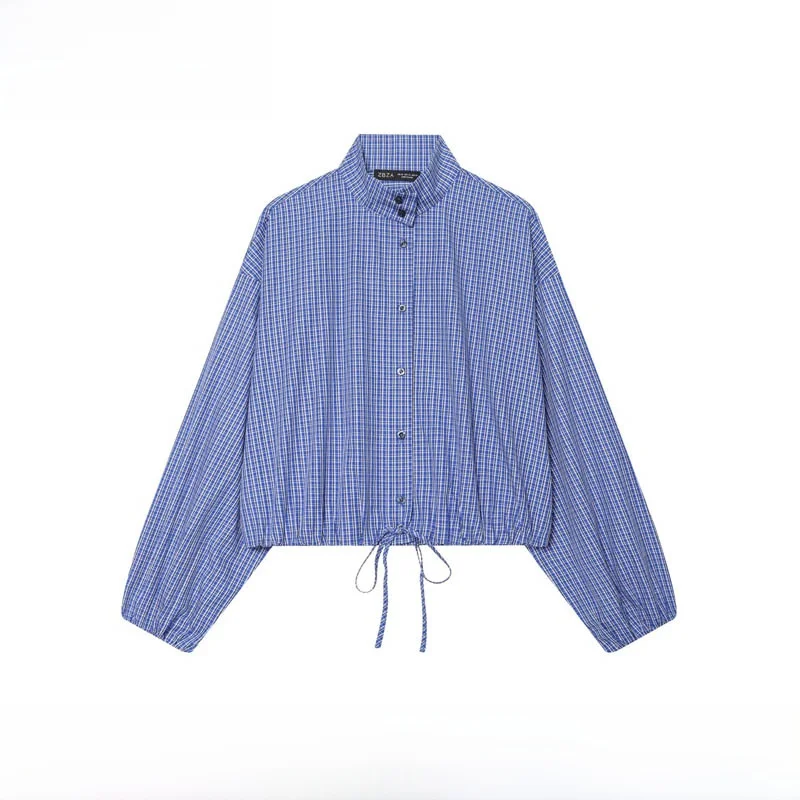 

Spring Summer New Arrival Women's Plaid Shirt Drawstring High Collar Long Sleeve Street Style Loose Fit Polyester Fiber Resis...