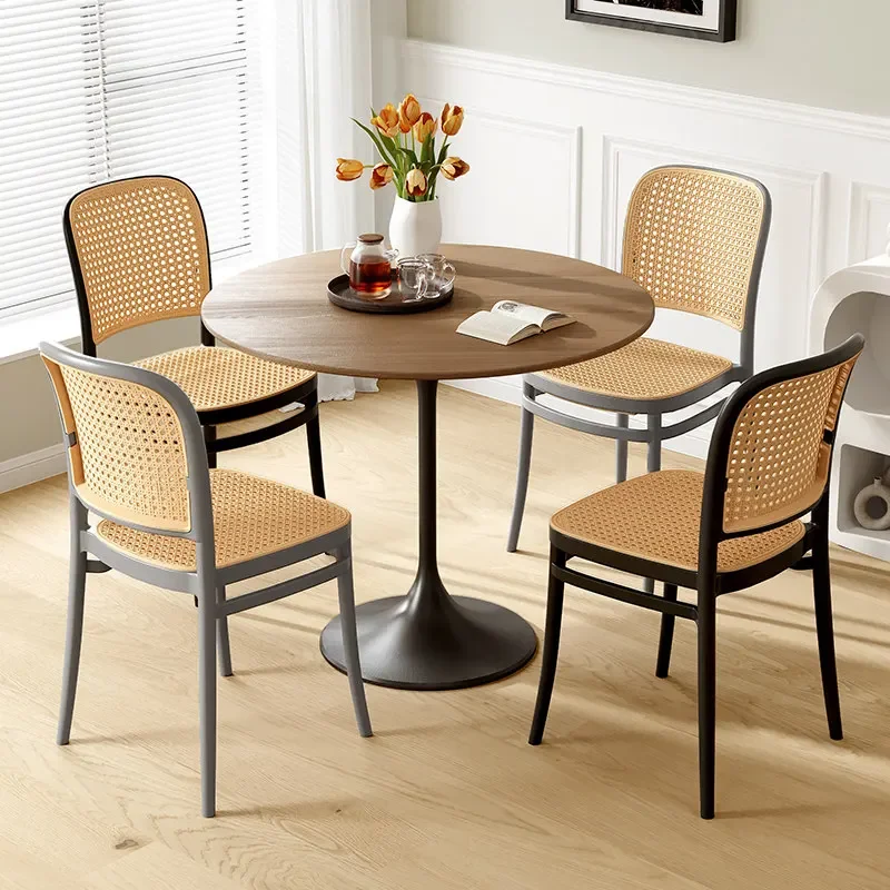 1pcs Nordic Rattan‑Effect Reinforced Gray Dining Chair, Stackable Armchair for Small‑Space Home Household Use