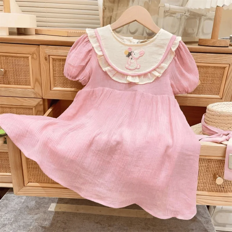 New Girls' Pink Rabbit Dress Short Sleeve Summer2024New Children's Girl's Dress Children Skirt