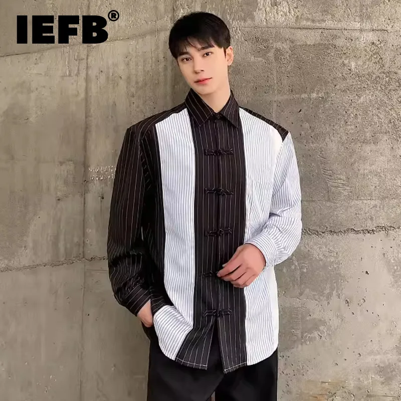 

IEFB Chinese Style Men's Shirts Stripe Patchwork Knot Button Turn-down Collar Loose Long Sleeve Male Clothing Stylish New 9C7276